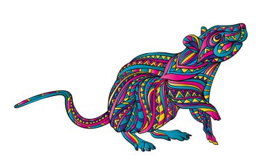 Boho tarzında çizilmiş bir fare. Süsler ve desenler. Tebrik kartı veya poster için vektör illüstrasyonu, tişört için yazdırma.