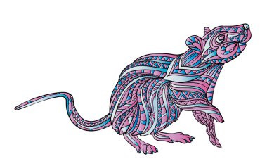 Boho tarzında çizilmiş bir fare. Süsler ve desenler. Tebrik kartı veya poster için vektör illüstrasyonu, tişört için yazdırma.