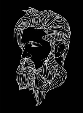 Orijinal vektör çizimi, şık saç stili olan adam. Hippi. Tişört ya da çıkartmada parmak izi var. Sakallı adam..