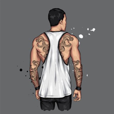 Spor figürlü ve şık tişörtlü bir adam. Sporcu. Kart ya da poster için vektör illüstrasyon, kıyafetlerin üzerine baskı. Moda ve spor, aksesuarlar. Kaslı adam..