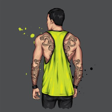 Spor figürlü ve şık tişörtlü bir adam. Sporcu. Kart ya da poster için vektör illüstrasyon, kıyafetlerin üzerine baskı. Moda ve spor, aksesuarlar. Kaslı adam..