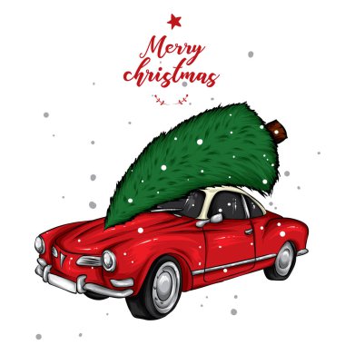 Çatıda Noel ağacı olan klasik bir araba. Retro araba. Vektör çizimi. Kış ve yeni yıl. Kar yağışıName.