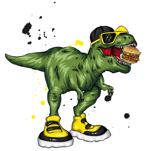 Dinosaure Illustration Vectorielle Lumineuse Reptile Dessin Animé Tyrannosaure Impression Sur — Image vectorielle