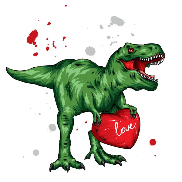 Dinozor. Parlak vektör çizimi. Çizgi film sürüngeni. Tyrannosaur. Elbiselerde parmak izi, kartpostal çizimleri. Hippi. Sevgililer Günü, aşk, kalp.