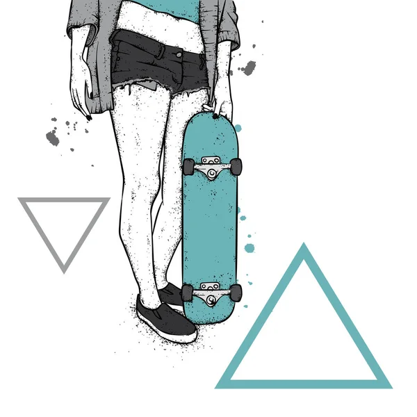 Hübsches Mädchen Top Und Shorts Mit Skateboard Vektorillustration Für Eine — Stockvektor