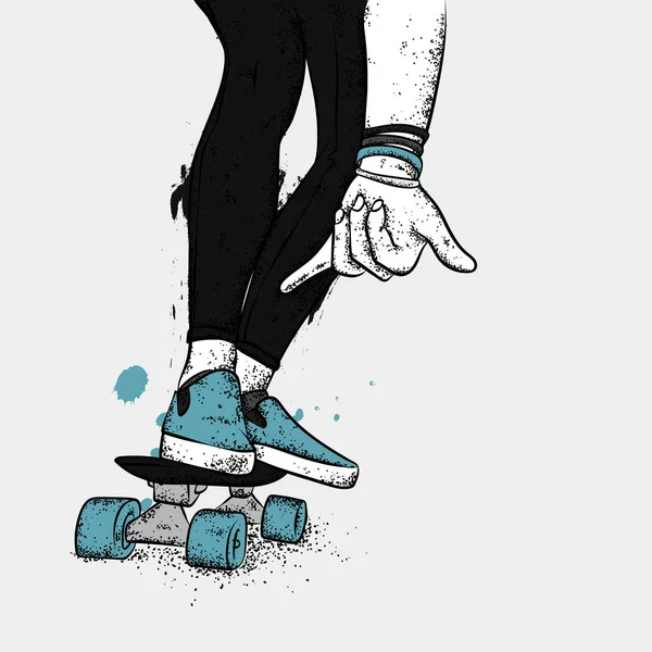 Pattinatore Elegante Jeans Sneakers Skateboard Illustrazione Vettoriale Una Cartolina Poster — Vettoriale Stock