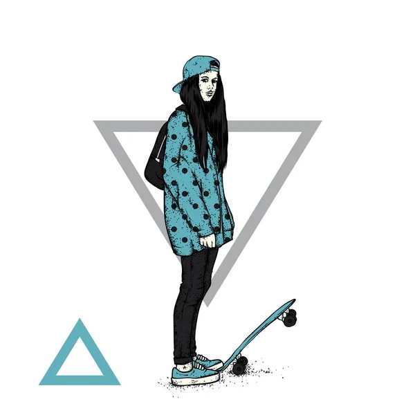 Jolie Fille Haut Short Avec Skateboard Illustration Vectorielle Pour Une — Image vectorielle