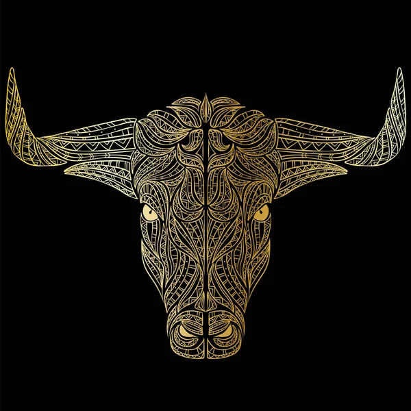 Bull with horns. Ethnic patterns. Vector illustration for a card or poster, print on clothes. 2021.