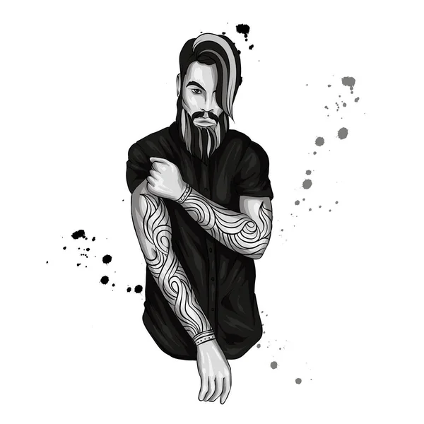 Illustration Vectorielle Originale Homme Avec Coiffure Tatouage Mode Hipster Imprimé — Image vectorielle
