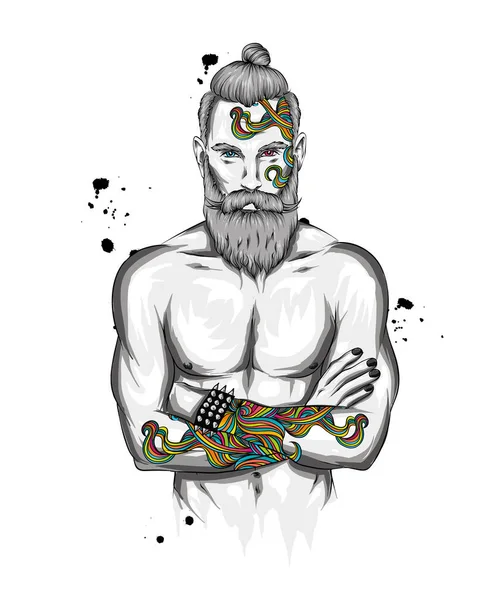 Originální Vektorová Ilustrace Muž Módním Účesem Tetováním Hipster Tisk Tričko — Stockový vektor