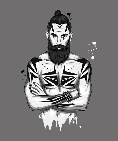 Ilustración Vectorial Original Hombre Con Peinado Moda Tatuaje Hipster Impresión — Vector de stock