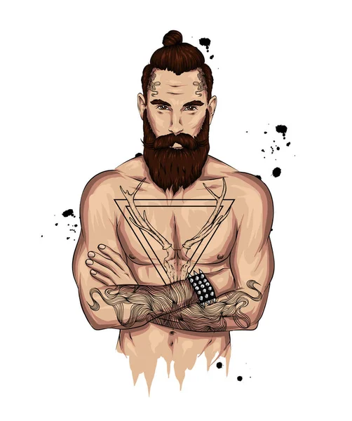 Ilustração Vetorial Original Homem Com Penteado Elegante Tatuagem Hipster Imprima —  Vetores de Stock