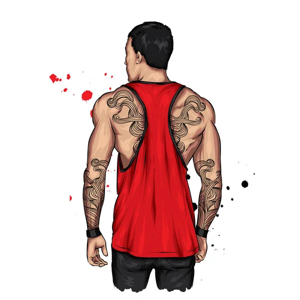 一个有运动身材和时髦T恤的家伙 运动员 卡片或海报的矢量插图 印在衣服上 时尚和运动 肌肉男 — 图库矢量图片