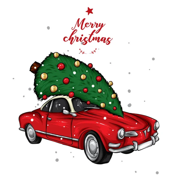 Çatıda Noel ağacı olan klasik bir araba. Retro araba. Vektör çizimi. Kış ve yeni yıl. Kar yağışıName.