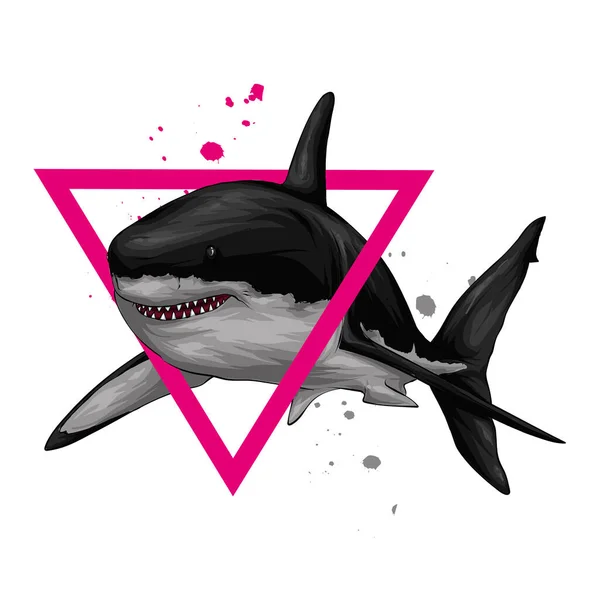 Şık Bir Köpekbalığı Kartpostal Poster Için Vektör Illüstrasyon Kıyafetler Için — Stok Vektör