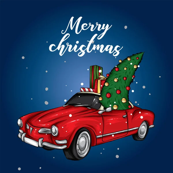 Çatıda Noel ağacı olan klasik bir araba. Retro araba. Vektör çizimi. Kış ve yeni yıl. Kar yağışıName.