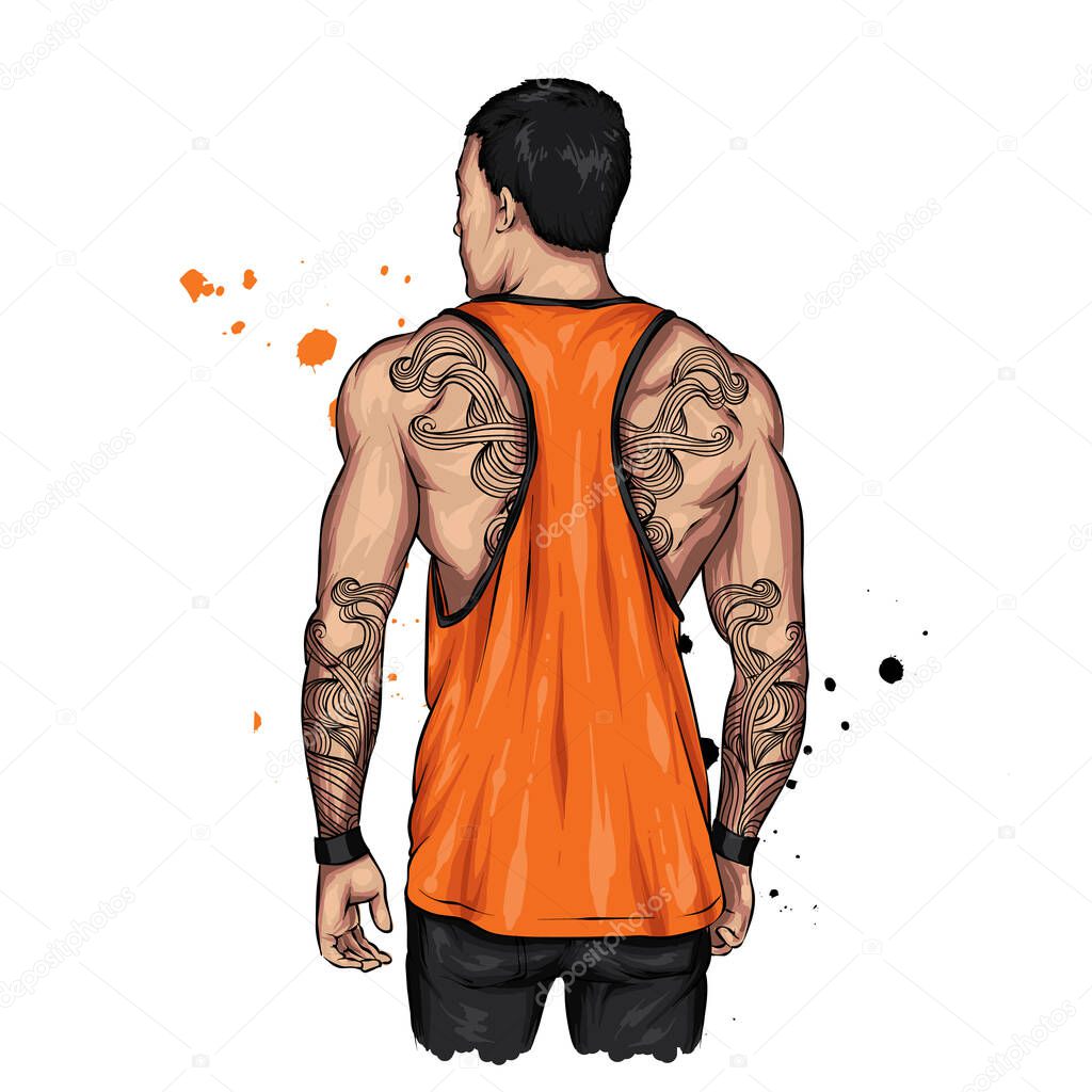 A guy with a sports figure and a stylish T-shirt. Athlete. Vector illustration for a card or poster, print on clothes. Fashion and sport, accessories. Muscular man.