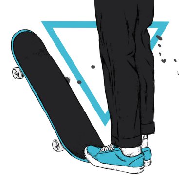 Kot pantolon ve spor ayakkabı giyen şık bir patenci. Kaykay mı? Bir kartpostal ya da poster için vektör çizimi, giysiler için baskı. Sokak kültürleri.
