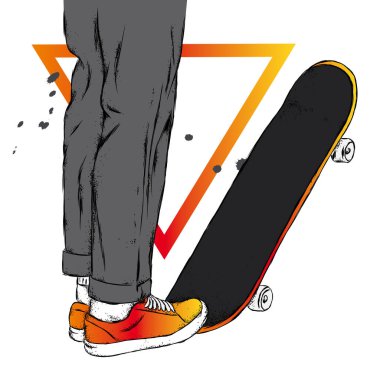 Kot pantolon ve spor ayakkabı giyen şık bir patenci. Kaykay mı? Bir kartpostal ya da poster için vektör çizimi, giysiler için baskı. Sokak kültürleri.