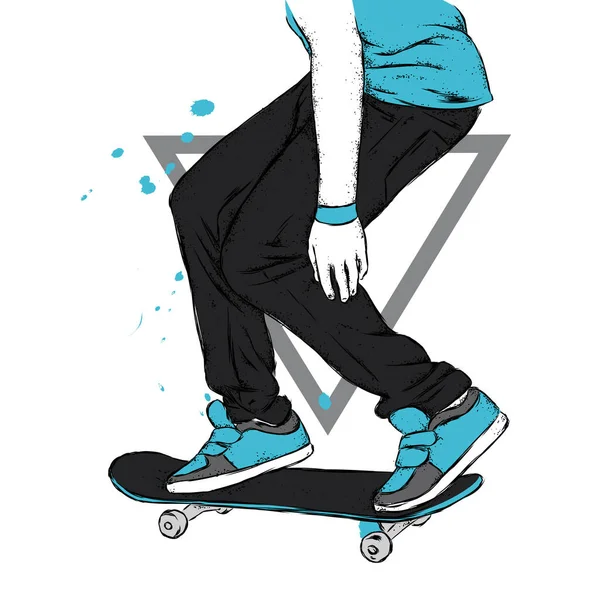 Stylish Skater Jeans Sneakers Skateboard Vector Illustration Postcard Poster Print — Stock Vector