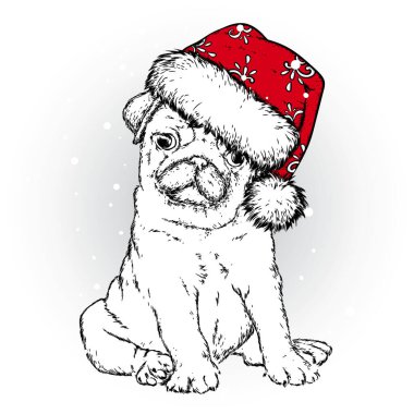 Yeni yılda şirin bir köpek yavrusu. Vektör çizimi. Soylu köpek. Noel Baba. Yeni Yıl ve Noel.