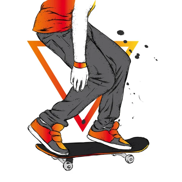 ジーンズやスニーカーでスタイリッシュなスケーター スケートボード ポスターやポスターのベクトルイラスト 服のプリント ストリートカルチャー — ストックベクタ