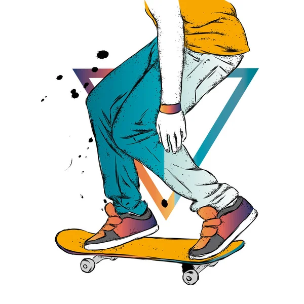 Stylish Skater Jeans Sneakers Skateboard Vector Illustration Postcard Poster Print — Stock Vector