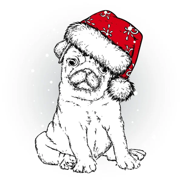 Söt Valp Ett Nytt Vektorillustration Härstamningshund Jultomten Nyår Och Jul — Stock vektor