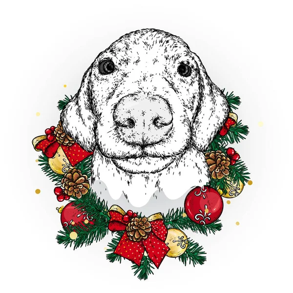 Lindo Cachorro Uma Grinalda Natal Ilustração Vetorial Cão Pedigree Roupas — Vetor de Stock