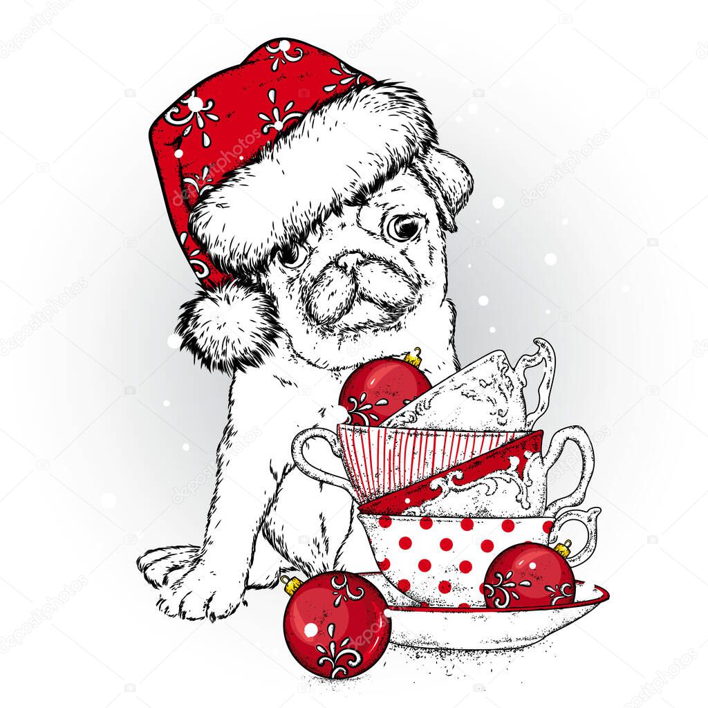 A beautiful puppy in a New Year's cap and glasses. Vector illustration. A pedigree dog in clothes and accessories. New Year's and Christmas. Vintage cups and Christmas balls.