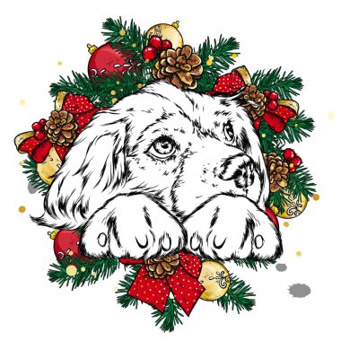 Noel çelenginde güzel bir köpek yavrusu. Vektör çizimi. Elbise ve aksesuar giymiş bir köpek. Yeni Yıl ve Noel.