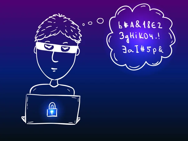 Giovane Ragazzo Hacker Con Computer Portatile Rubare Dati Doodle Sicurezza — Vettoriale Stock