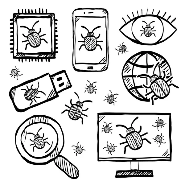Malware Virus Vector Doodle Internet Veiligheid Pictogrammen — Stockvector