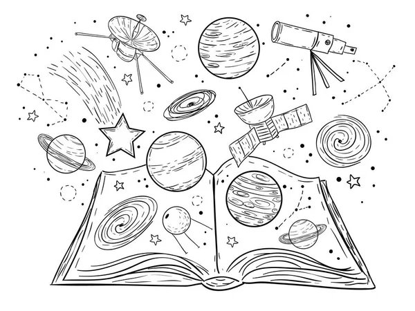 Livre Ouvert Avec Univers Planètes Étoiles Galaxies Doodle Vectoriel — Image vectorielle