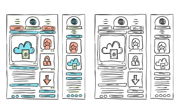 Tata Letak Situs Gambar Tangan Wireframe Responsif Corat Coret - Stok Vektor