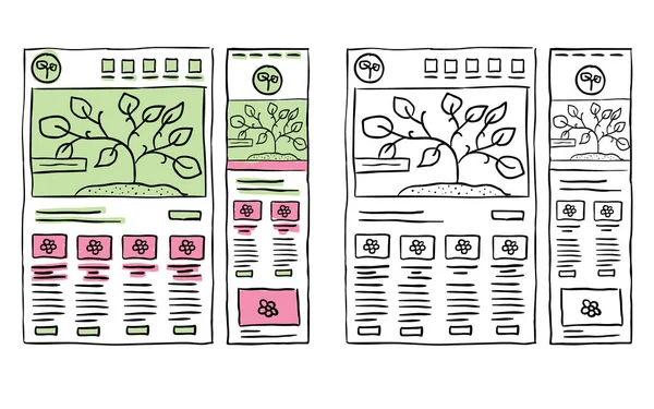 Handgezeichnete Website Layouts Reaktionsfähiges Wireframe Doodle — Stockvektor