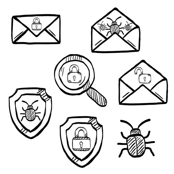 Malware Virus Vecteur Doodle Icônes Sécurité Internet — Image vectorielle