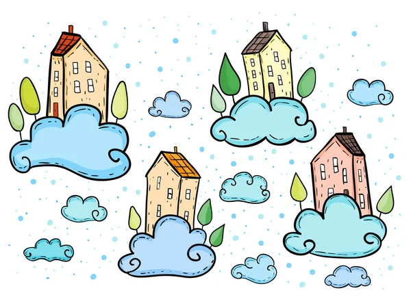 Illustrazione Case Disegnate Mano Che Volano Sulle Nuvole — Vettoriale Stock