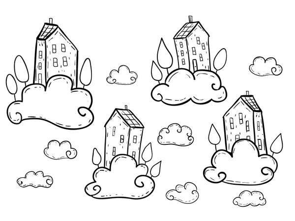 Illustration Hand Drawn Houses Flying Clouds — Stock Vector