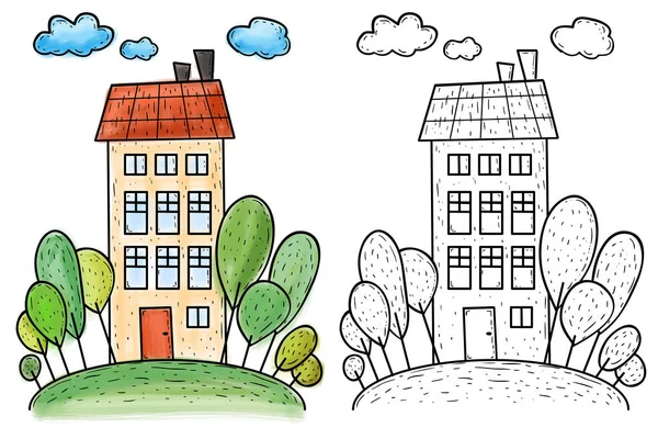 Ilustración Casa Grande Con Árboles Colina Estilo Dibujado Mano — Vector de stock