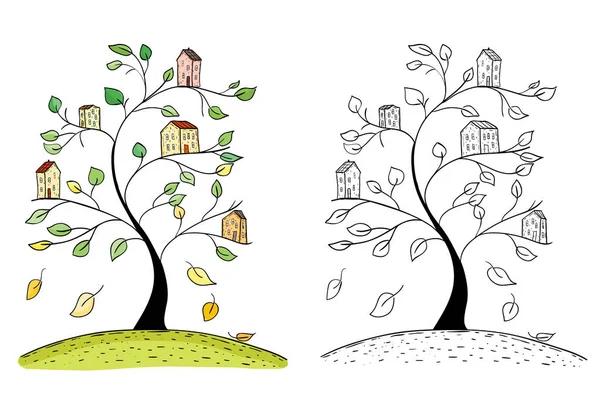 Illustration Maisons Doodle Sur Arbre Dessin Village Sur Les Branches — Image vectorielle