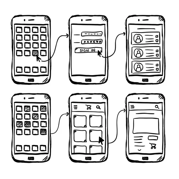 Modèle Wireframe Application Mobile Style Doodle — Image vectorielle