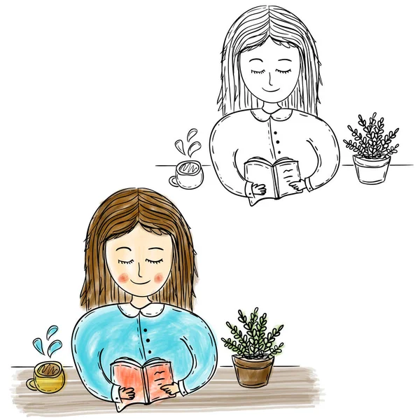 手描き少女読書 水彩作品のイラスト — ストックベクタ