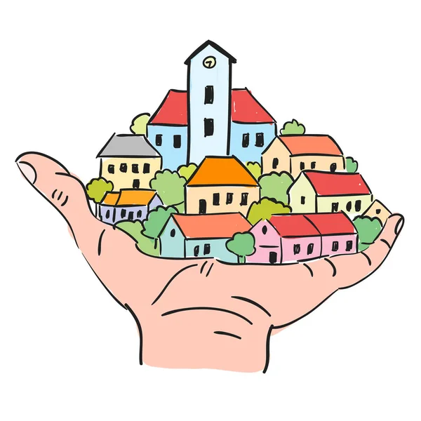 Darstellung Einer Kleinstadt Mit Roten Dächern Palmen Doodle Stil — Stockvektor
