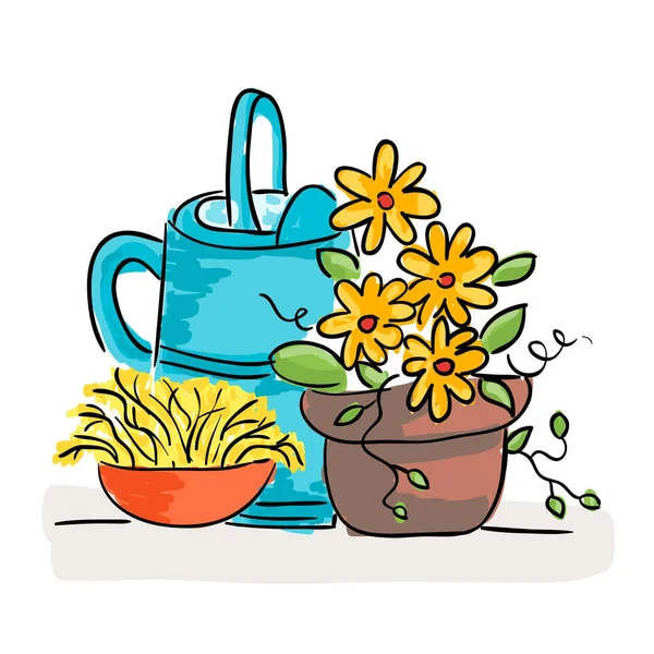 Illustration Summer Still Life Flowers Watering Can Doodle Style — Stock Vector