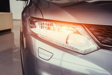 Farlar ve spor arabanın kaputuna. Sergi