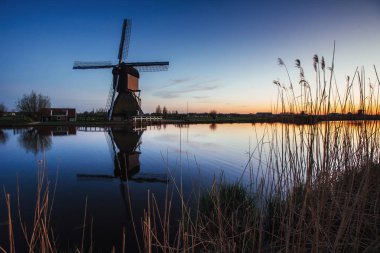 Renkli bahar günbatımı geleneksel Hollanda Rotterdam kanalda yel değirmenleri. Ahşap iskele göl kıyıya yakın. Holland. Hollanda.