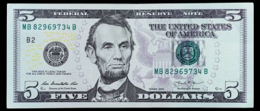 Beş dolarlık banknot yakın çekim. Bize iki dolar faturaları makro. Amerikan Doları. 5 doları