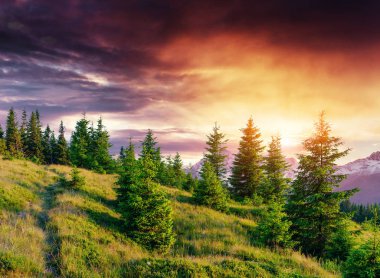 Dağlarda renkli gökyüzü gün batımında. Fantastik cumulus bulutları. Karpatlar. Ukrayna. Europe