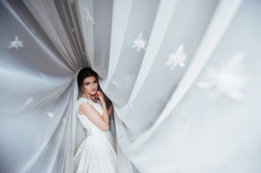 Güzel kız gelin perde vasıl belgili tanımlık pencere arka plan üzerinde.